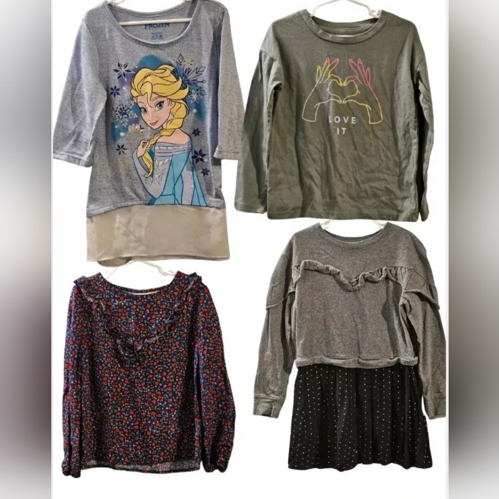 Bundle of 4 Girls' Tops - GAP Kids, Frozen, and Floral Patterns, Size 6-7Y.